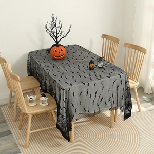 Halloween Tablecloth Black Lace Polyester Spooky Bat Pumpkin Skull Pattern Gothic Rectangle Kitchen Dining Table Decor