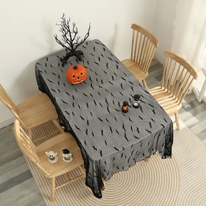 Halloween black lace spiderweb and bat tablecloth for spooky festive party table decor