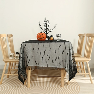 Halloween black lace tablecloth featuring spider bat and dry tree silhouettes for party decor