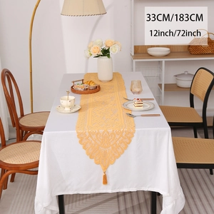 Yellow hollow out lace table runner with floral patterns and tassels 33x183cm