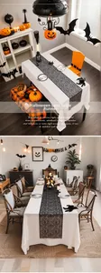 Detail of Halloween black lace table runner featuring intricate spider web patterns