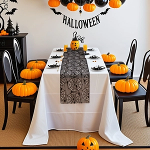 Halloween Table Runner Black Lace Hollow Out Spider Web Ghost Hand Fireplace Cloth For Party Home Kitchen Decor Gothic Style