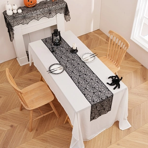 Halloween black lace spider web table runner and fireplace scarf mantle decoration