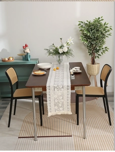 Detail of vintage hollow-out lace table runner with floral patterns and tassel edges