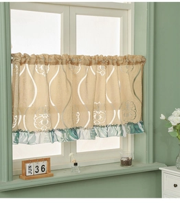 Detailed champagne jacquard lace cafe curtain with vintage floral ruffle trim finish