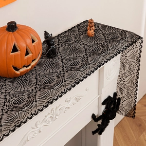 Halloween black lace spider web table runner for festive fireplace and holiday decor
