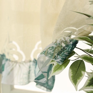 Creamy lace short curtain with green leaf print and ruffled edges for home decor