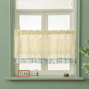 Vintage lace cafe curtain with green leaf ruffle trim for kitchen and cabinet