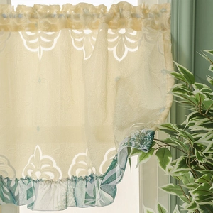 Vintage floral lace short curtain with tropical leaf printed ruffled edge for windows
