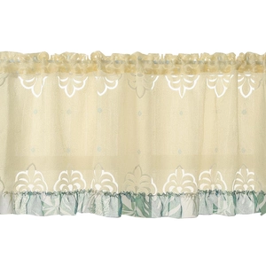 Cream lace hollowed coffee curtain with floral embroidery and tropical leaf ruffles