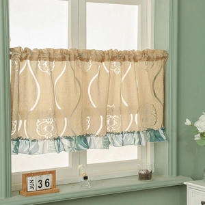 Vintage damask coffee curtain with tropical leaf prints and decorative ruffled edge trim