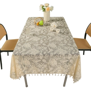 Rectangle off-white lace tablecloth with floral patterns and tassel fringe for dining table