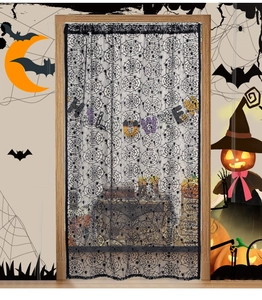 Detail of Halloween black lace cobweb curtain with colorful HALLOWEEN letter charms