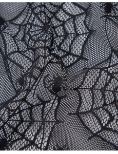 Close-up of black lace fabric featuring intricate spider web patterns for Halloween decor