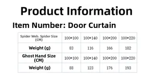 Size chart for Halloween spider web and ghost hand lace door curtains with weight specs
