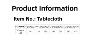 Size chart for black lace Halloween spider web tablecloth showing various dimensions and weights