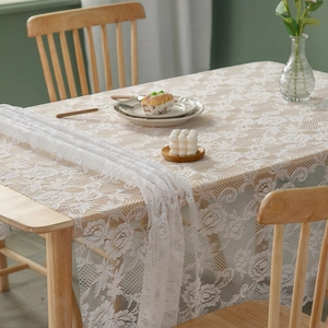 Elegant Lace Tablecloth Rose Floral Mesh Polyester Rectangle Dustproof Decorative Cover For Dining Table Home Decor