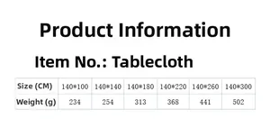 Detailed size chart showing dimensions and weight for the linen textured tablecloth