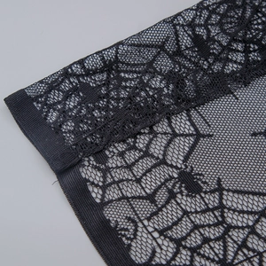 Halloween black lace door curtain featuring intricate spider and cobweb woven patterns