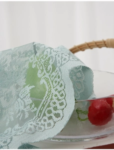 Close-up of light green lace curtain with floral patterns and scalloped edge detail