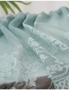 Detail of mint green lace fabric with vintage floral jacquard pattern and texture