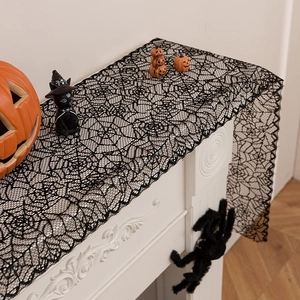 Halloween black lace spider web table runner for festive fireplace mantel decor
