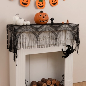 Halloween black lace fireplace mantel scarf with spider web bat patterns and tassels