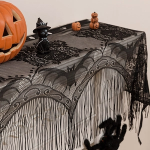 Halloween black lace fireplace mantle scarf with bat and skull patterns and fringe