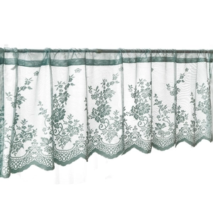 Vintage dark teal lace cafe curtain with floral embroidery and scalloped edges