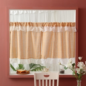 Polyester Cafe Curtains Small Window Half Curtain With White Lace Ruffles Gingham Geometric Pattern For Kitchen Cafe Decor