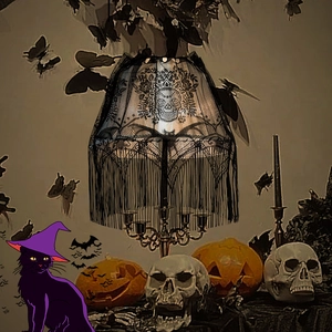 Gothic black lace lampshade with skull pattern and long fringe for Halloween party decor