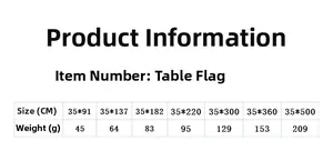 Size chart for American luxury knitted table runner showing dimensions and weights