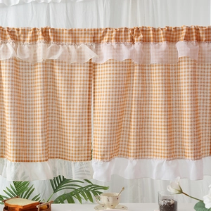 Country style yellow plaid lace cafe curtain with double mesh ruffle trim for small windows