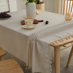 Linen cotton beige tablecloth with elegant fringe tassels for rectangle dining tables