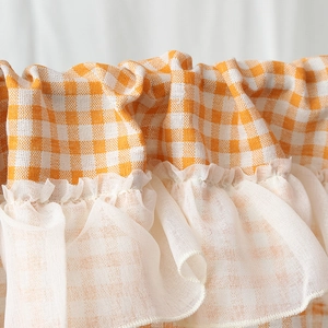 Pastel orange gingham lace curtain with white double-layered ruffled edges for cafes