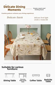 Detail of bird and branch jacquard pattern on beige thickened chenille table cloth