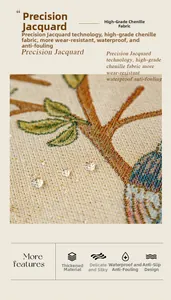 Detailed macro view of beige chenille fabric with waterproof coating and floral jacquard
