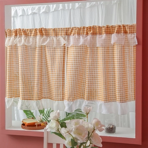 Japanese style orange checkered cafe curtain with white lace ruffles for small windows