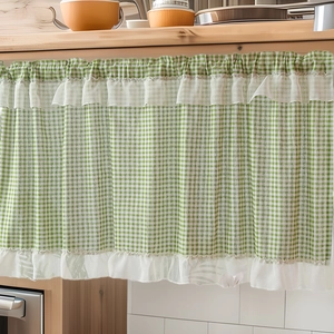 Cafe Curtains Gingham Checkered Rod Pocket Short Window Half Curtains With Ruffle Trim Pastoral Style For Kitchen Bistro
