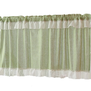 Green and white gingham short cafe curtain with double-layered white lace ruffles
