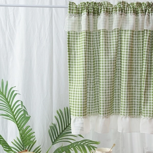 Green and white gingham cafe curtain with ruffled trim for kitchen and home decor