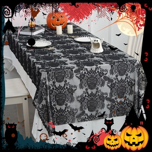 Halloween Tablecloth Black Lace Skull Spider Web Polyester Gothic Party Dining Decoration Rectangular