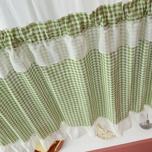 Green and white checkered kitchen cafe curtain with white lace ruffle edges for home decor