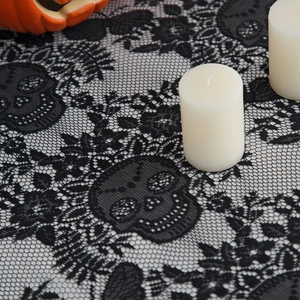 Halloween black lace tablecloth with skull patterns and gothic floral mesh textures