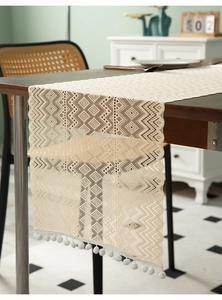 Detail of beige hollow knit table runner with geometric patterns and pompom fringe