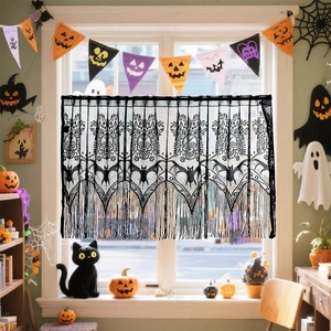 Halloween black lace window valance with bats and skulls pattern for party home decor
