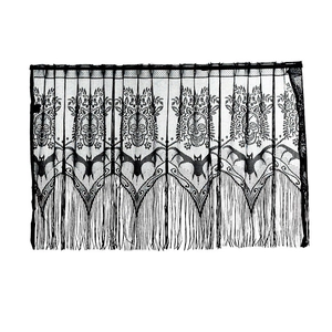Halloween black lace curtain with bat and skull patterns and tassel fringe decor