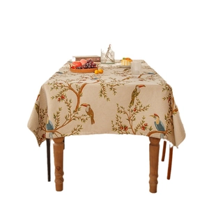 Luxurious beige chenille tablecloth with bird and pomegranate floral embroidery pattern