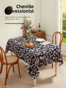 Detailed view of impressionist oil painting floral chenille tablecloth in a cozy home setting