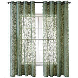 Tende moderne verde smeraldo semitrasparenti con motivo a foglie tropicali e occhielli
